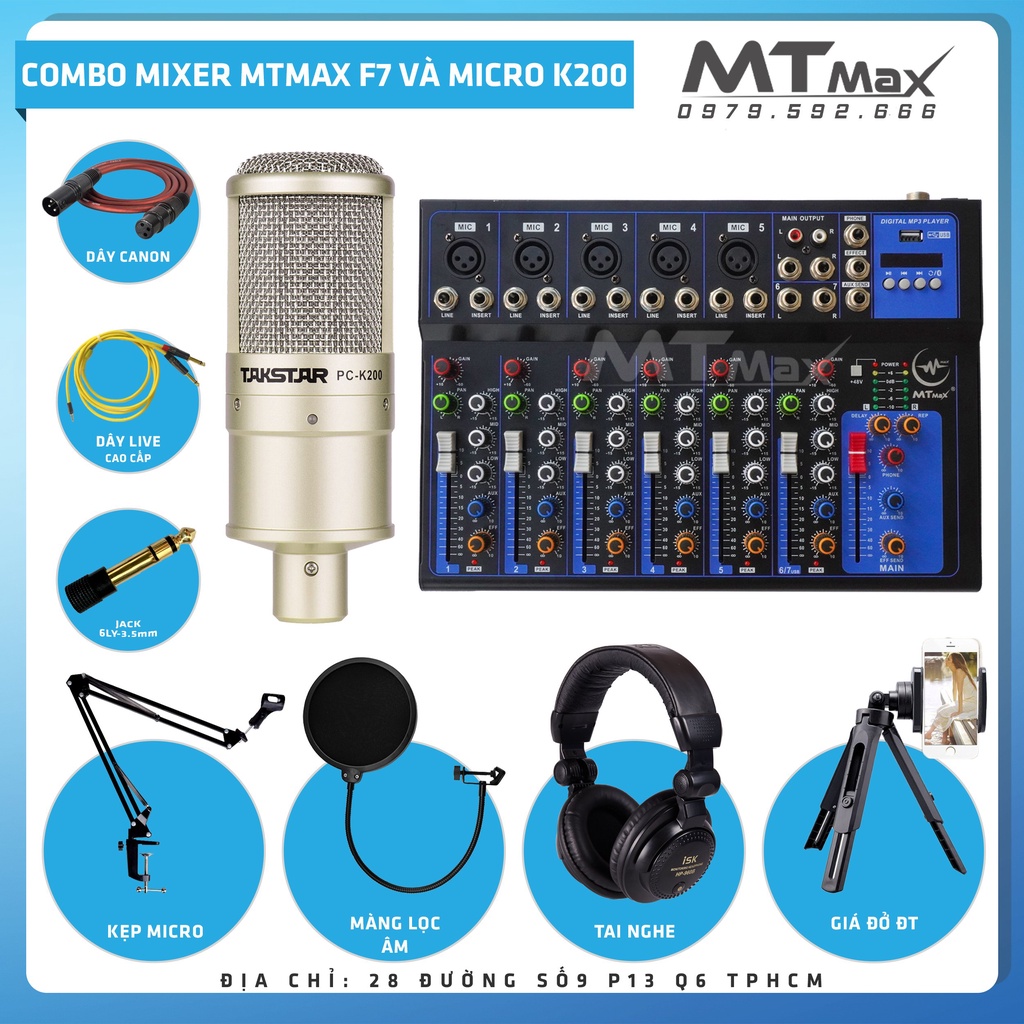 Combo mic thu âm livestream karaoke micro k200 + mixer f7 MT Max full phụ kiện bảo hành 12 tháng