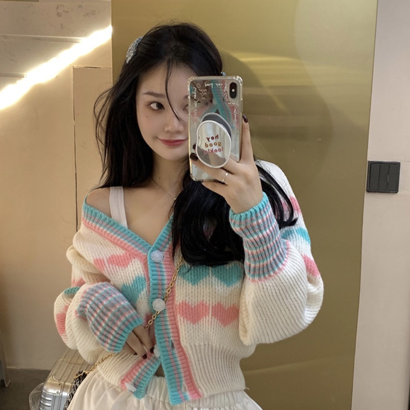 Áo Khoác Cardigan Dệt Kim Mỏng Cài Nút Họa Tiết Trái Tim Nhiều Màu Sắc Ngọt Ngào Cho Nữ