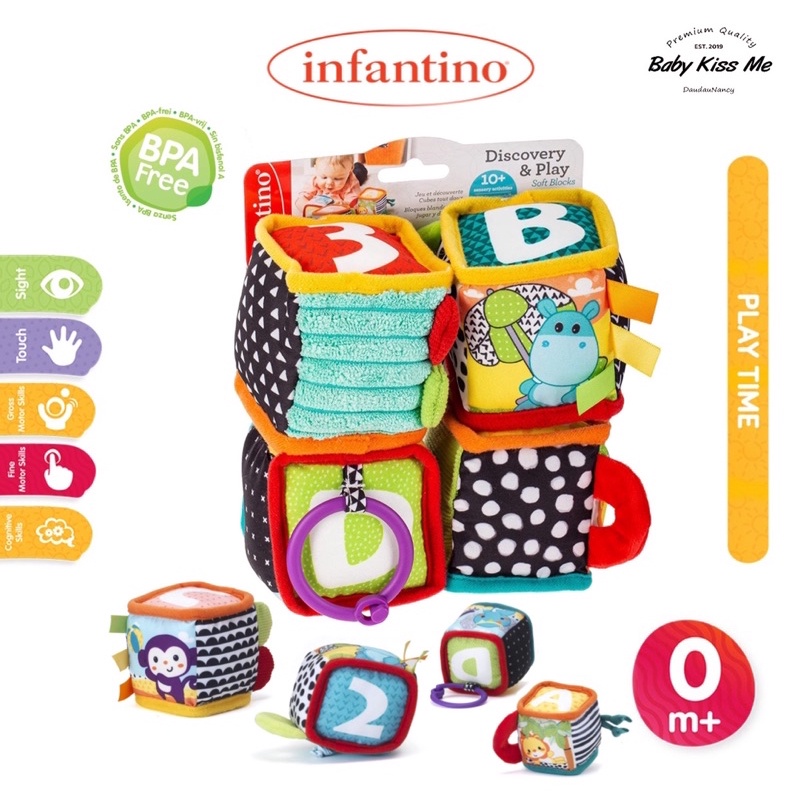 Set 4 khối đồ chơi vải khám phá phát triển các kỹ năng cho bé Infantino - Discover and Play Soft Blocks