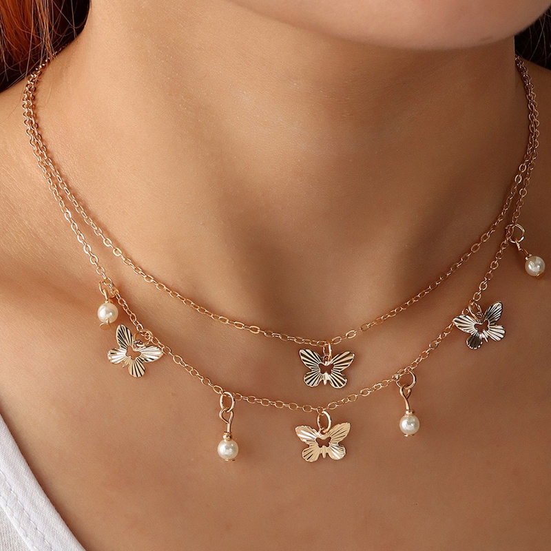 Set 2 Dây Chuyền Hợp Kim Mặt Hình Bướm Đính Ngọc Trai Đơn Giản Thời Trang Cho Nữ