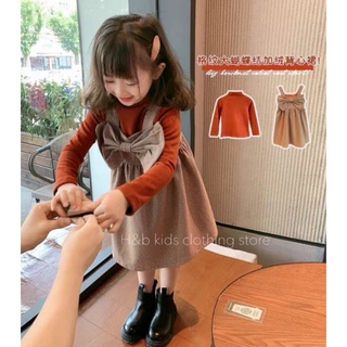 Set áo váy yếm nơ ngực cho bé gái chất đẹp dày dặn