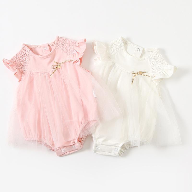 Áo Liền Quần Dạng Đầm Cotton Tay Xòe Ngắn Phối Vải Lưới Đáng Yêu Cho Bé Gái Sơ Sinh