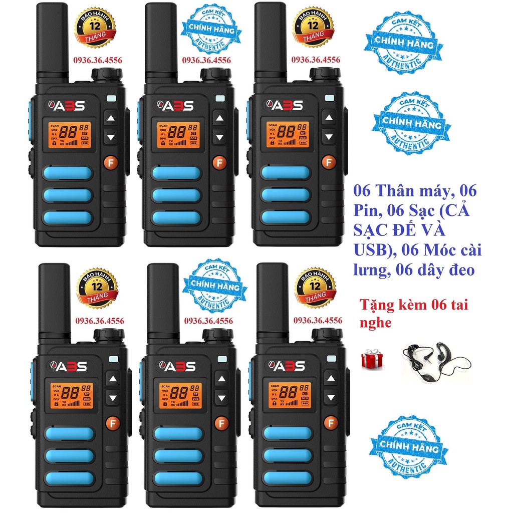 Bộ 6 Chiếc Bộ đàm Siêu nhỏ cao cấp 2 Phương thức Sạc ABS AB3688 (Hàng chính Hãng, Siêu Đẹp, Hỗ trợ Tắt/Bật rảnh Tay)