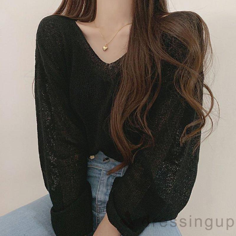 DRE-Female Loose Tops, Solid Color V-Neck Long Sleeve Tie-Up Knitted Blouse Pullover for Spring Summer, White/Black
