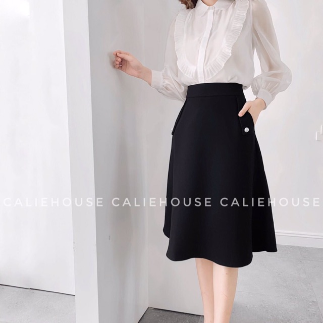 Chân váy xoè dáng dài 60-65cm có 2 túi đính cúc nhẹ thời trang nữ | BigBuy360 - bigbuy360.vn