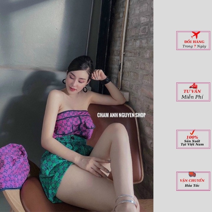 Set đồ nữ áo trễ vai quần short cạp cao xanh mũ kiểu hàn thời trang nữ 2021 cao cấp phong cách FoLo-Fashion