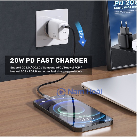 Củ Sạc Nhanh TOPK B110P/B210P Mini 20W PD3.0 QC3.0 Cổng USB Type C Tiện Dụng Mang Theo Du Lịch