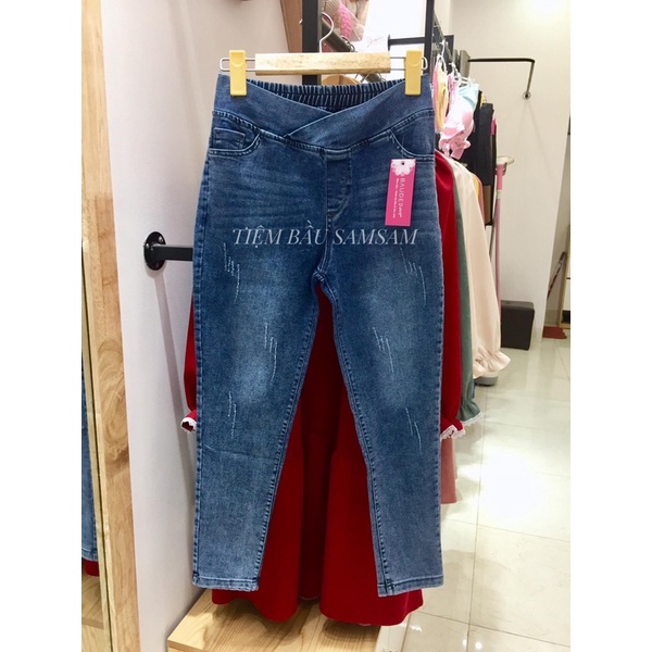 QUẦN JEANS BÒ BẦU DÀI CẠP CHÉO CO GIÃN MỀM MẠI