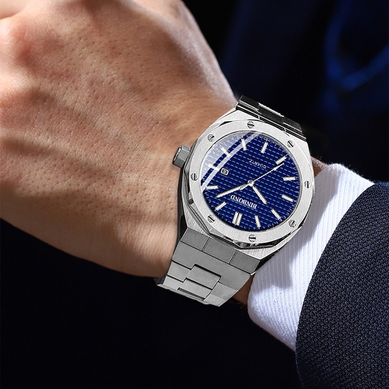 Đồng Hồ Quartz Mặt Bát Giác Dây Thép Thời Trang Cho Nam