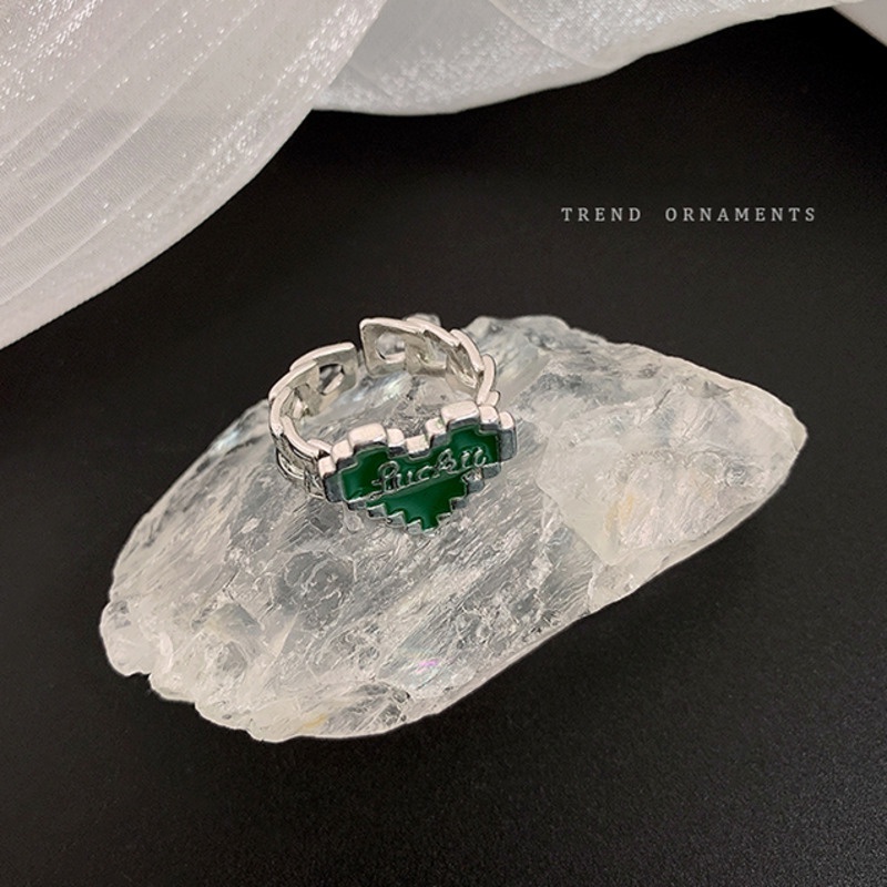 Nhẫn Hở Họa Tiết Chữ Khảm Màu Xanh Lá Thời Trang Cá Tính