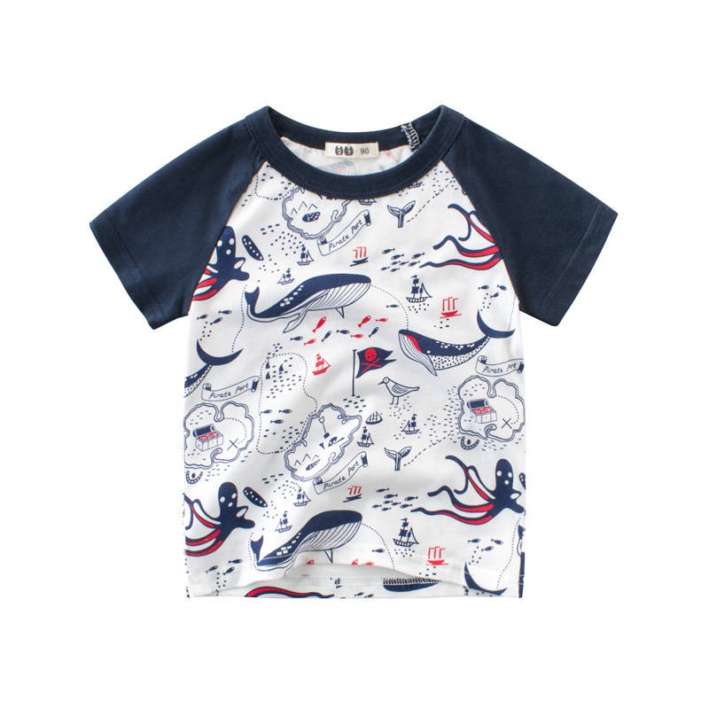 Áo thun 100% cotton tay ngắn in hình cá voi cho bé 1-10 tuổi