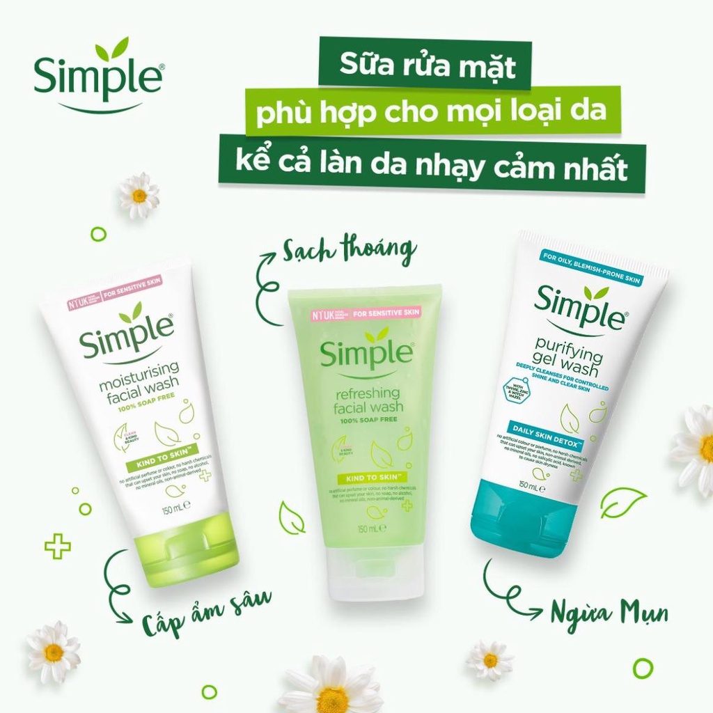 Sữa rửa mặt Simple giúp da sạch thoáng & không chứa xà phòng 150ml