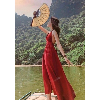 MAXI ĐỎ XẺ NGỰC CỔ YẾM
