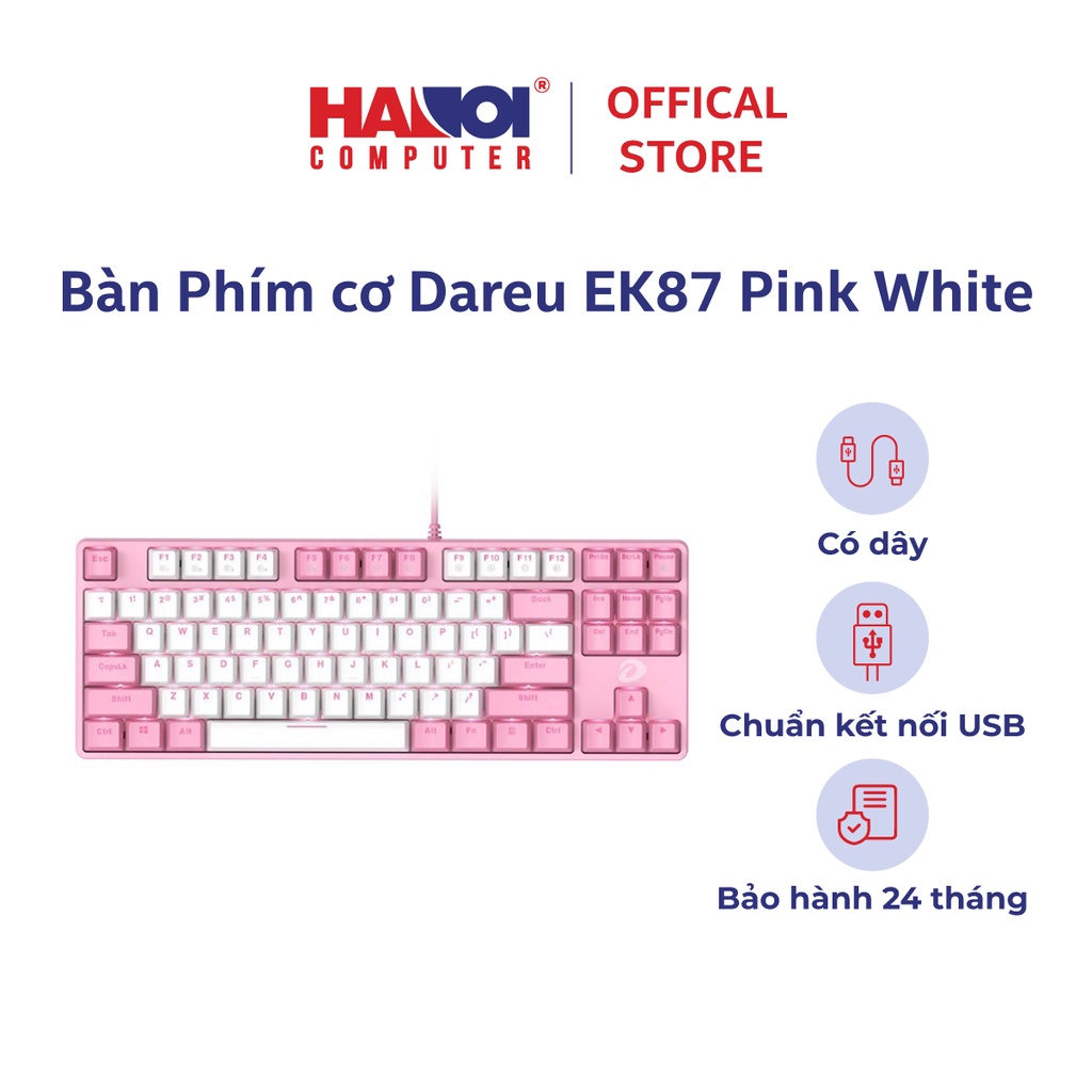 Bàn Phím cơ Dareu EK87 Pink White, bàn phím có dây thiết kế 87 phím chuẩn ANSI