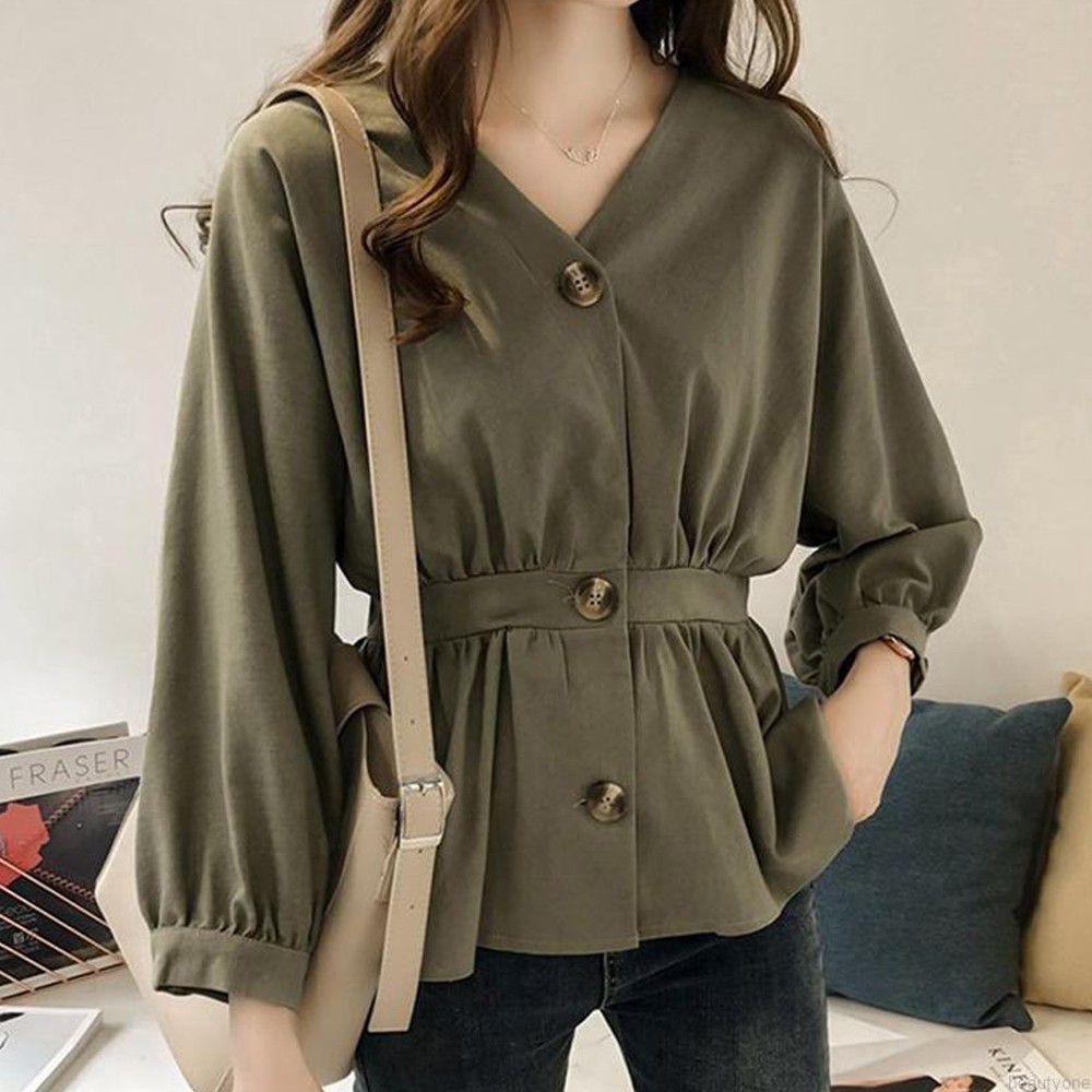 Áo Sơ Mi Nữ Tay Dài Cổ Chữ V Dáng Ôm Cài Khuy Kiểu Thanh Lịch