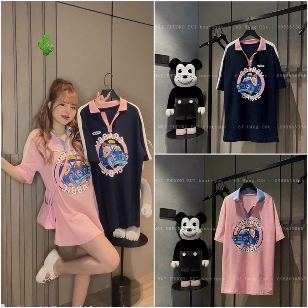 Áo thun nữ in họa tiết cabbie form rộng kiểu cổ bẻ sơ mi hot PC65