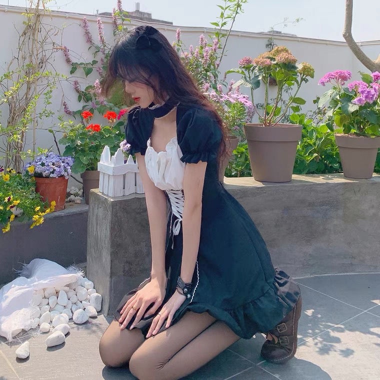 Đầm tay phồng phối dây buộc eo phong cách Lolita Nhật Bản xinh xắn đáng yêu