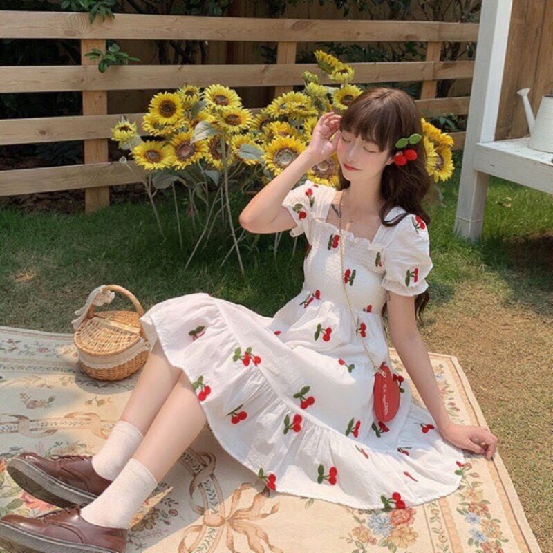 Đầm Nữ Cherry Xòe Xinh Cổ Vương Ngắn Tay Dam16