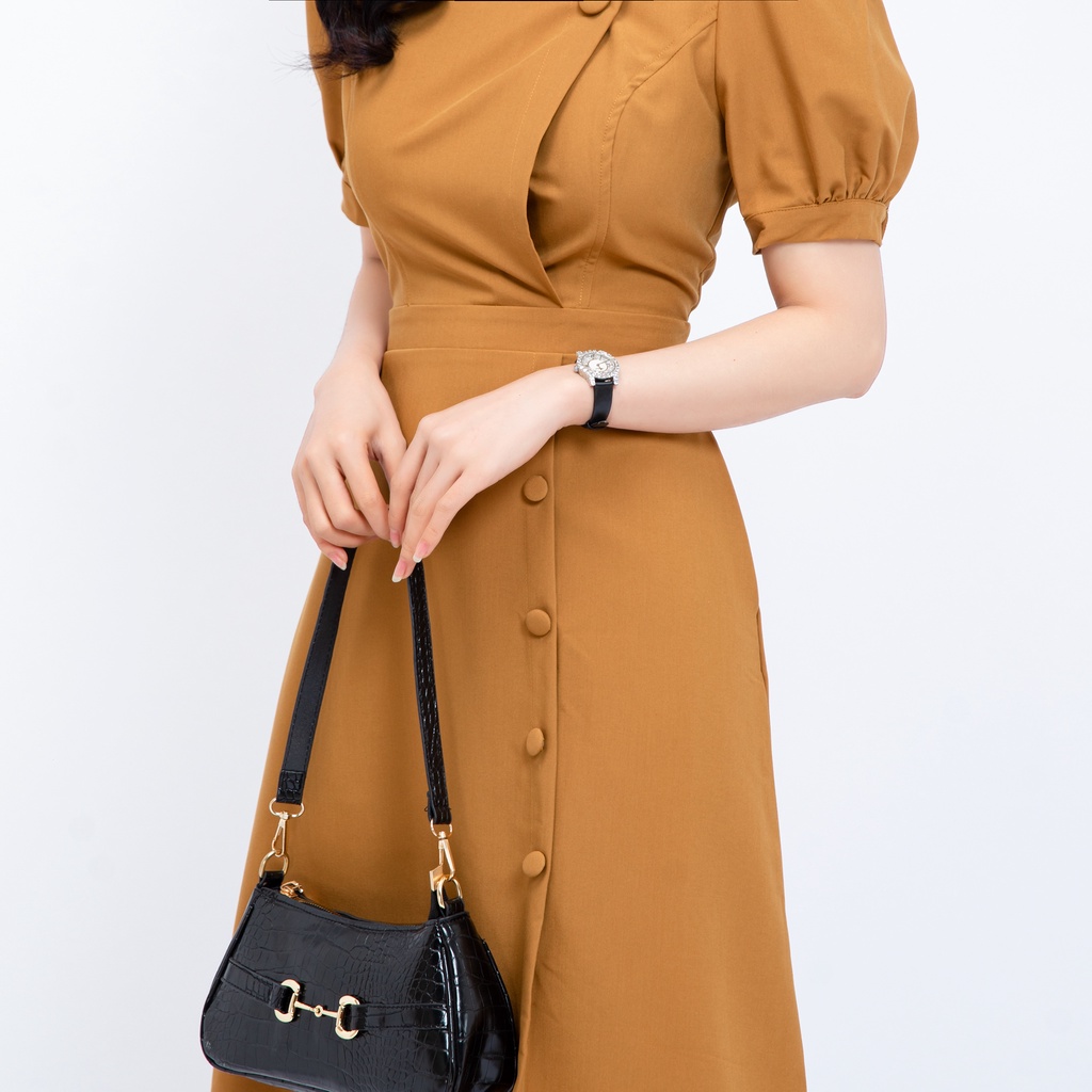 Đầm công sở nữ thiết kế tay phồng nút bộc AMYRA - Váy nữ dự tiệc trung niên sang trọng form dáng chữ A Da089 | BigBuy360 - bigbuy360.vn