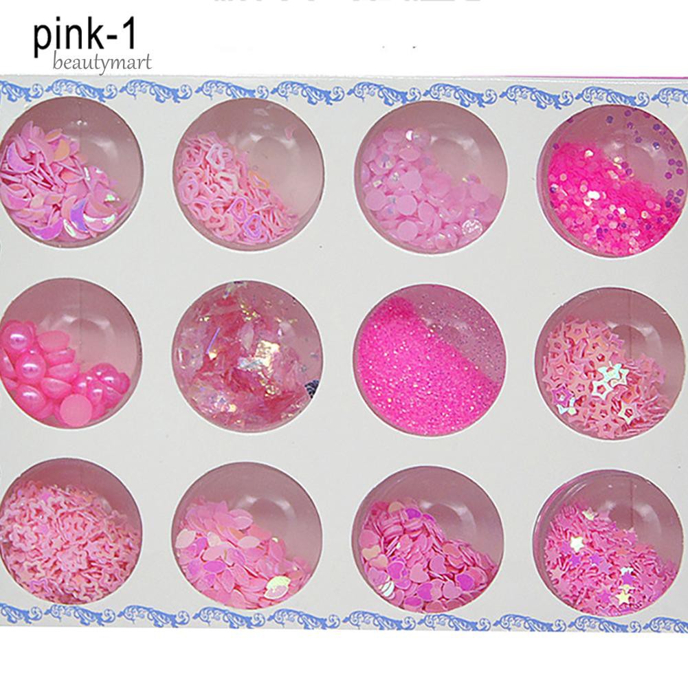 Bộ 12 hộp kim tuyến 12 mẫu trang trí móng tay