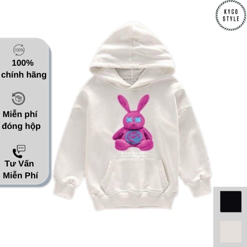 Áo nỉ hoodie gấu Rabbit in 5D unisex dài tay nam nữ cao cấp, áo phông nỉ bông sweater có mũ màu trắng, đen K082 | BigBuy360 - bigbuy360.vn