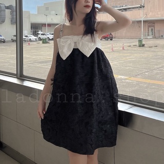 Đầm 2 dây baby doll vải gấm phối nơ