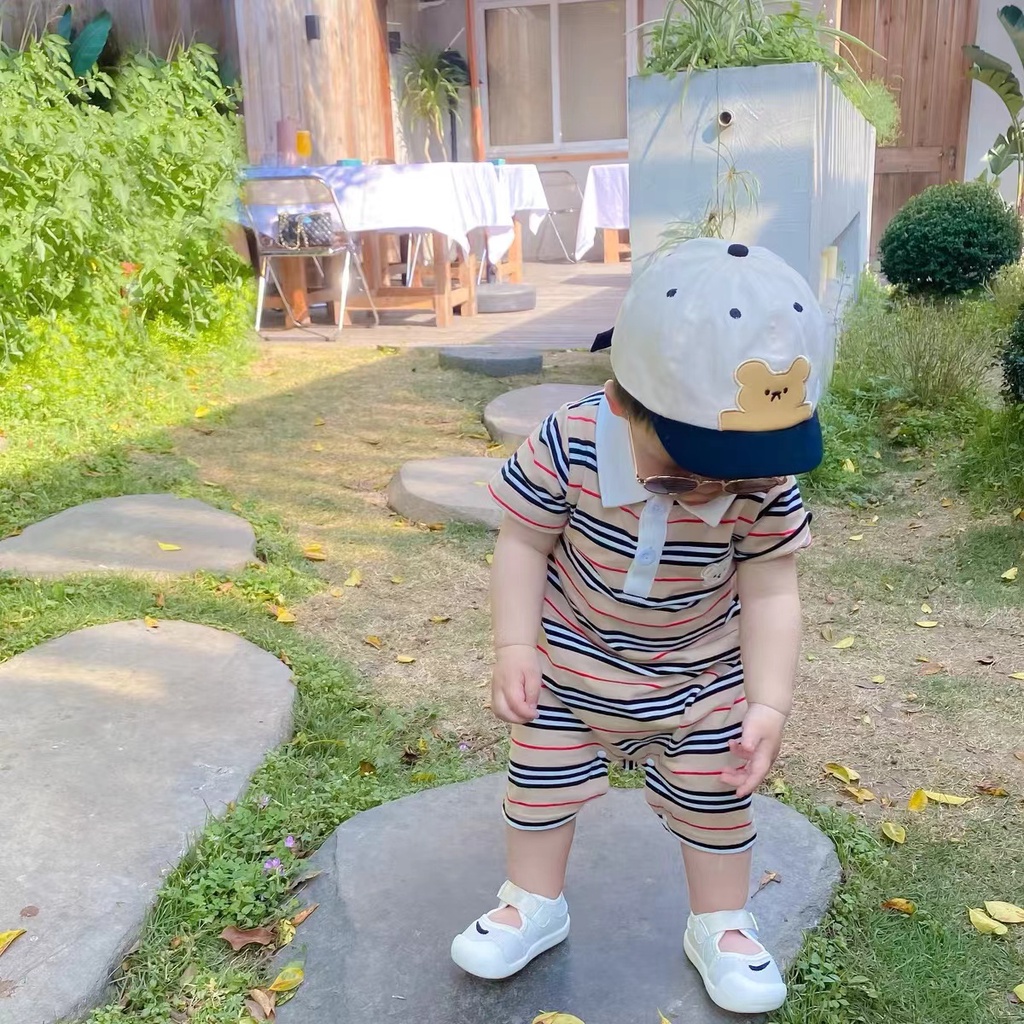 Áo Liền Quần Tay Ngắn Họa Tiết Sọc Và Gấu Hoạt Hình Dễ Thương Cho Bé Trai 0-2 Tuổi