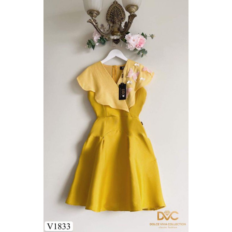 [ Mã FAXANH245 giảm 10K đơn 50K] [ĐẦM ĐI TIỆC CAO CẤP] Váy thiết kế màu vàng xòe cổ B