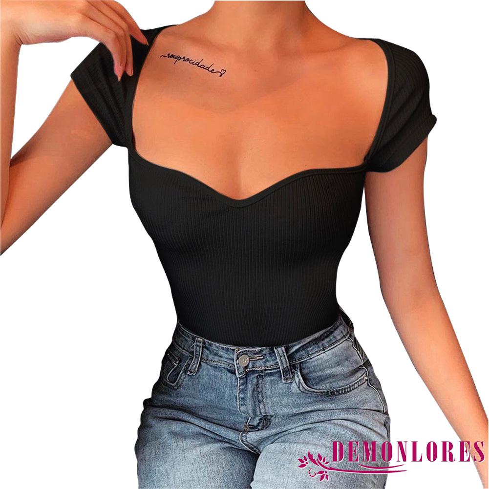 Áo thun cổ Y màu trơn dáng ôm vừa vặn gợi cảm cho nữ