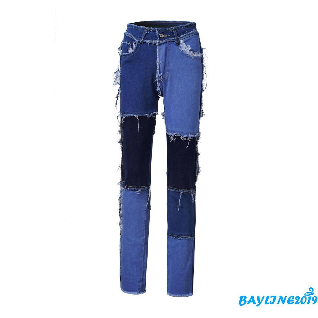 Quần jean dáng dài lưng cao phối màu thời trang cho nữ