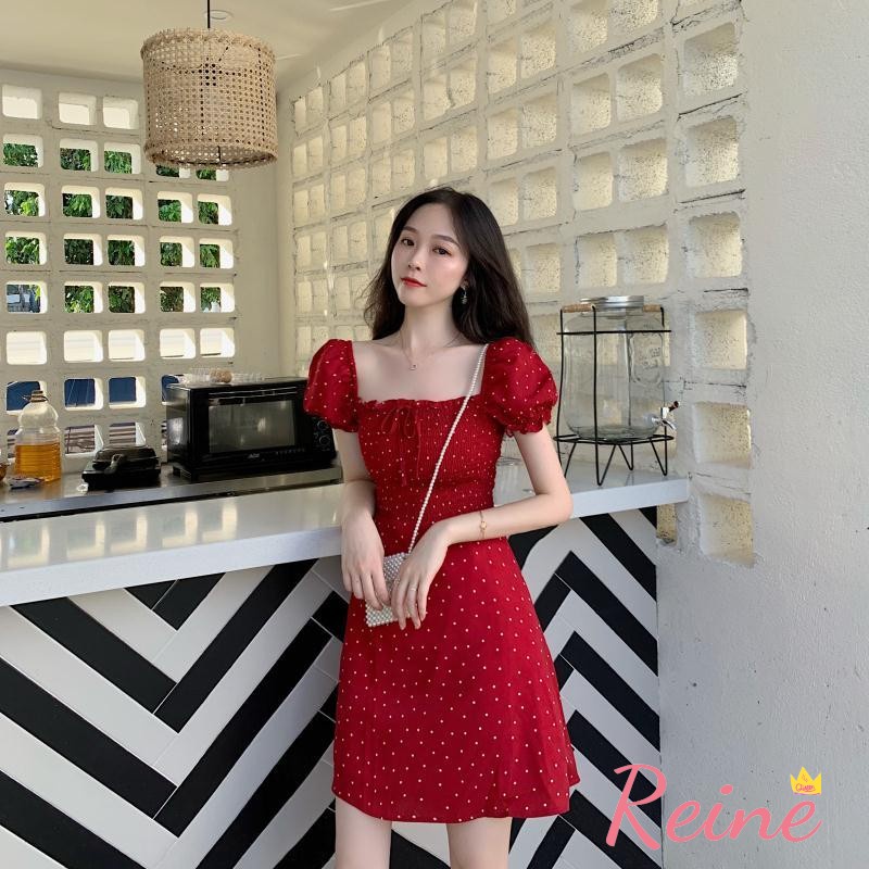 Váy đỏ chấm bi- đầm chun ngực tay bồng dáng chữ A cổ vuông vải voan