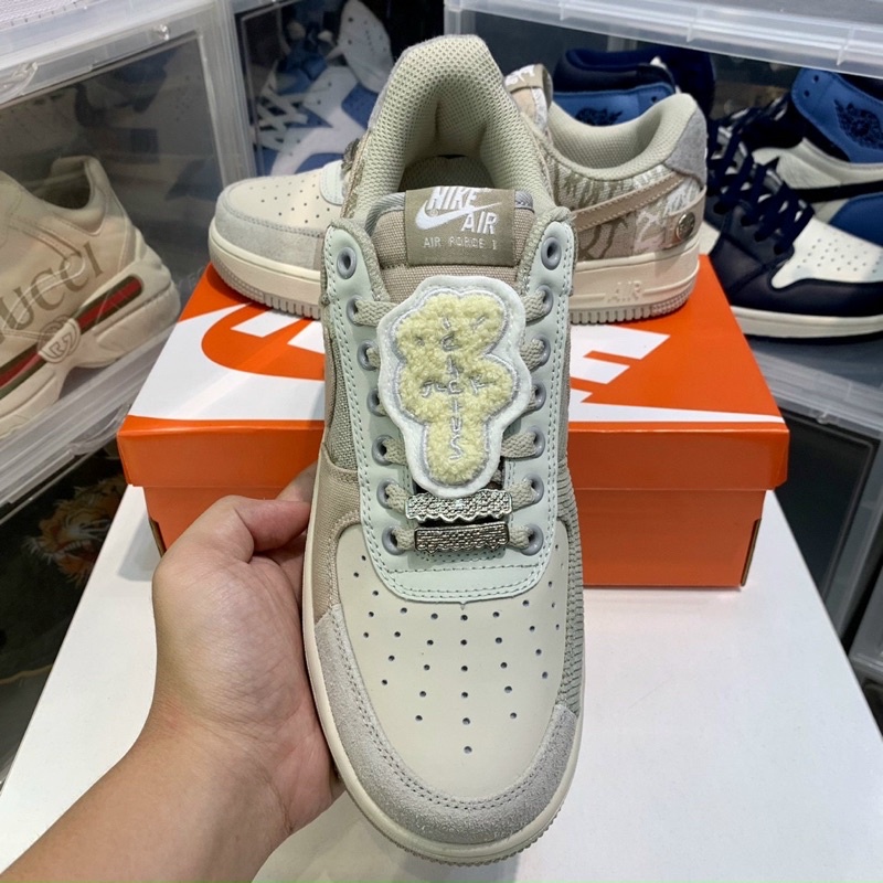 Giày AF1 travis scott xám kem khuy bấm, giày air force 1 travis scot xám cao cấp
