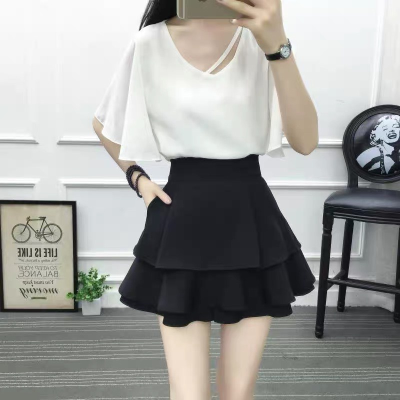 Chân váy 2 tầng ngắn đen có quần lót trong chống lộ dáng xòe ôm cạp chun lưng thun vải co giãn công sở VAVASA CV19 | BigBuy360 - bigbuy360.vn