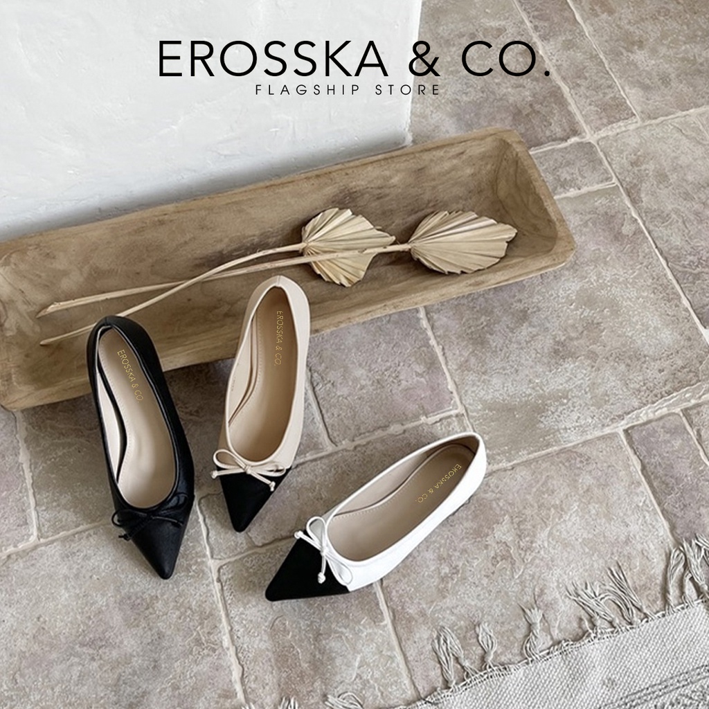 Erosska - Giày bệt đế mũi nhọn bằng đế cao su da mềm đính nơ màu trắng phối đen - ef013