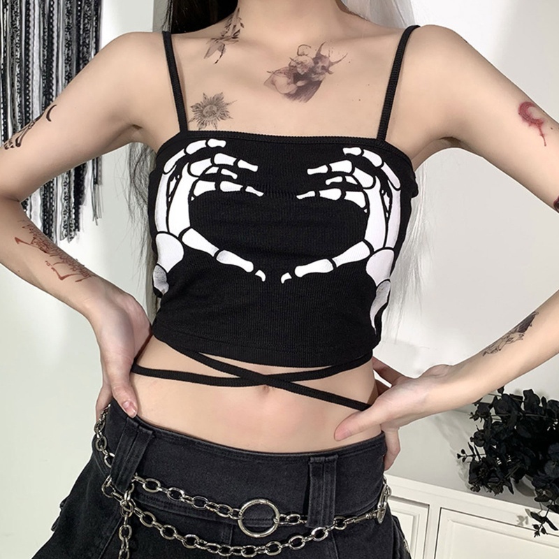 Brroa Áo Croptop Dây Chéo Phong Cách Gothic Harajuku Punk In Hình Trái Tim Cho Nữ