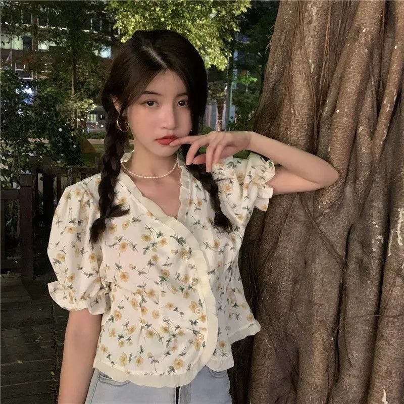 Áo Sơ Mi Tay Ngắn Cổ Chữ V Dáng Rộng In Họa Tiết Hoa Thời Trang Mùa Hè Xinh Xắn Cho Nữ