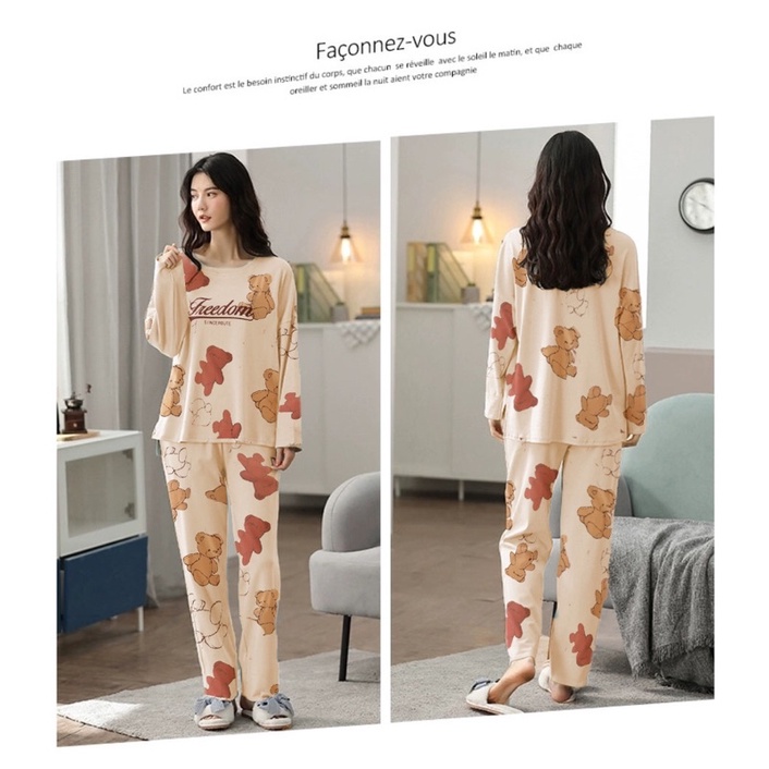 bộ thun dài mặc nhà big size màu kem in gấu size lớn 5Xl 80-95kg