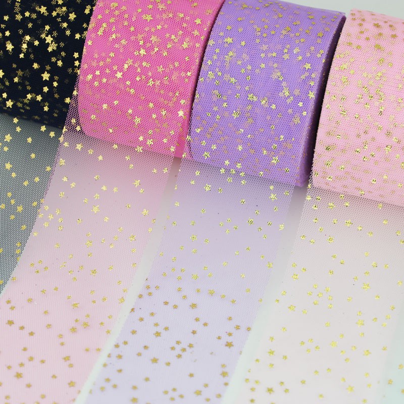 Dây ruy băng vải lưới phối ren sao cỡ 6cm (50 / 10 thước Anh) dùng trang trí gói quà