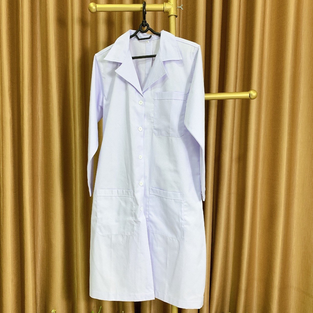 Áo blouse trắng NAM NỮ dài tay, thân dài cho bác sĩ, dược sĩ, phòng thí nghiệm vải Kaki Pangrim dày dặn đứng form