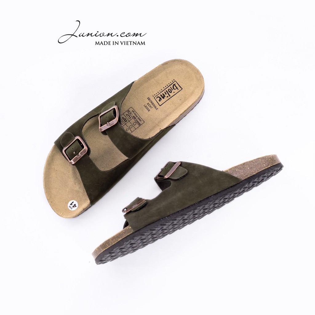 [DA BÒ THẬT] D01-Dép da bò quai ngang Birken Bioline Unisex (Đế trấu) - Juni Store