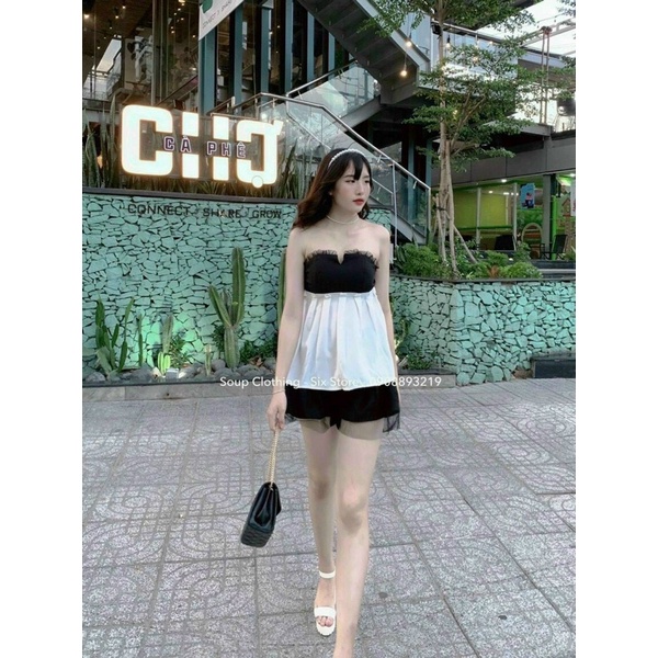 SET ĐẦM TRẮNG XOÈ XẾP LY PHỐI CÚP NGỰC VOAN ĐEN NƠ LƯNG + CHÂN VÁY ĐEN