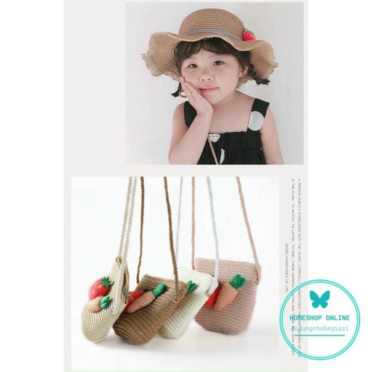 Set túi mũ cói và túi cói dâu tây dễ thương cho bé đi học đi biển đi chơi từ 2 đến 8 tuổi
