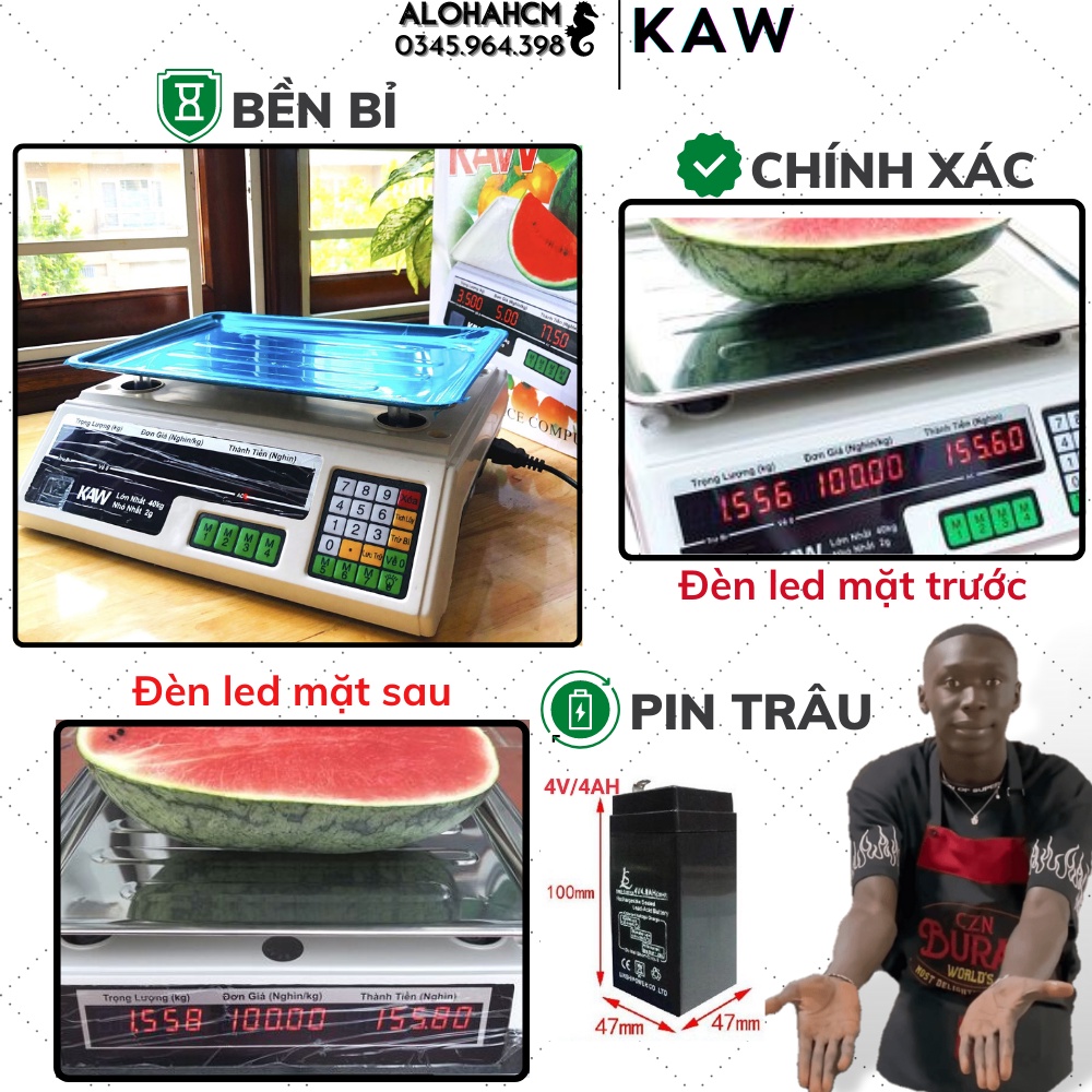Cân tính tiền điện tử bán hàng chính hãng KAW 433E - hiển thị 2 mặt, chính xác, chống nước - Cân điện tử tính tiền KAW