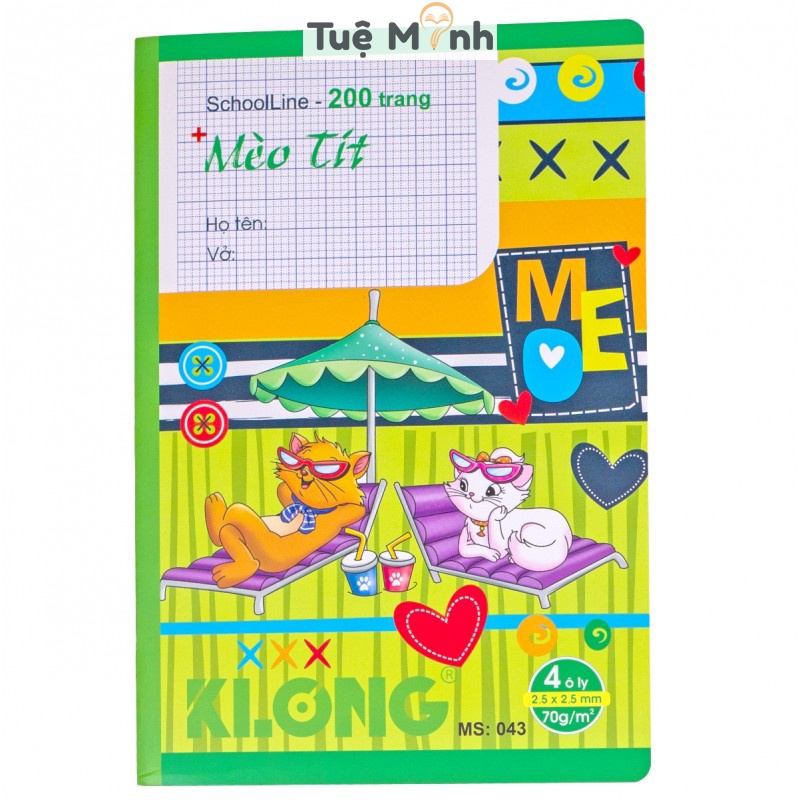 Vở ô ly KLong 200 trang may dán gáy bìa dễ thương giấy 70gsm MS 043