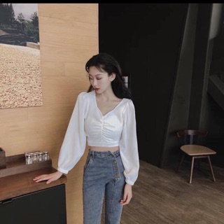 Áo croptop cổ tim rút nhún ngực Ulzzang tay phồng nhẹ tiểu thư - by SugarG