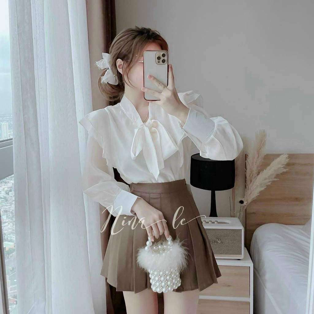 Sét Bộ Tiểu Thư Nữ, Sét Váy Thời Trang Nữ Thanh Lịch Áo Dài Tay Đính Nơ Cổ Kết Hợp Với Chân Váy Xoè Xếp Ly Sang Trọng