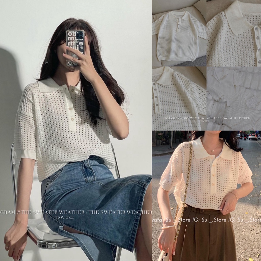 Áo len lưới ngắn tay, Áo polo cộc tay đi biển phong cách ulzzang Hàn Quốc Kozoda AP5