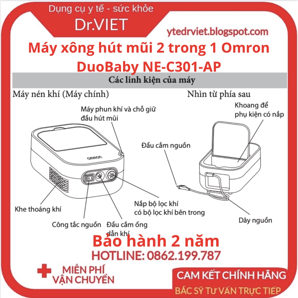 Máy xông hút mũi 2 trong 1 Omron DuoBaby NE-C301-AP cho trẻ từ 1 tháng tuổi - Giảm nghẹt mũi,tăng hiệu quả xông-Drviet