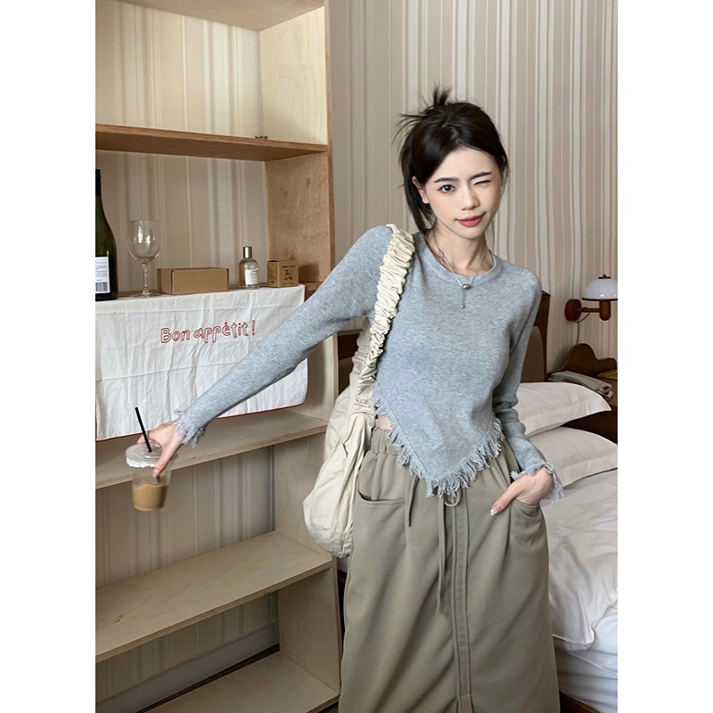 Áo ZHELIHANGFEI dệt kim tay dài dáng ngắn phối tua rua thiết kế lệch tà cá tính cho nữ