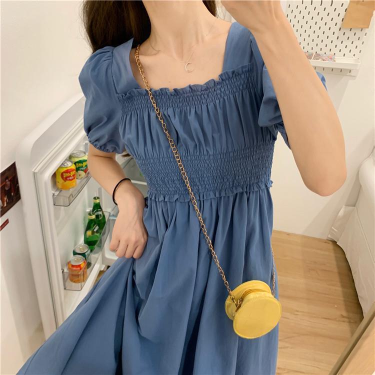 Váy Retro cổ vuông tay áo phồng xuất xứ Quảng Châu mới váy dài mỏng - 3 màu xanh nhạt, xanh đậm, đen